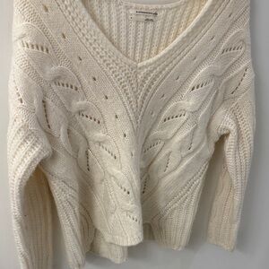 Anthropologie Cream V-Neck Cable Knit Sweater